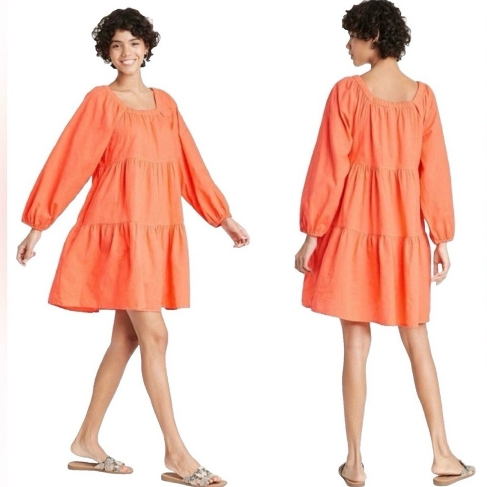 Universal Thread Orange Floral Textured Balloon Sleeve Mini- Dress